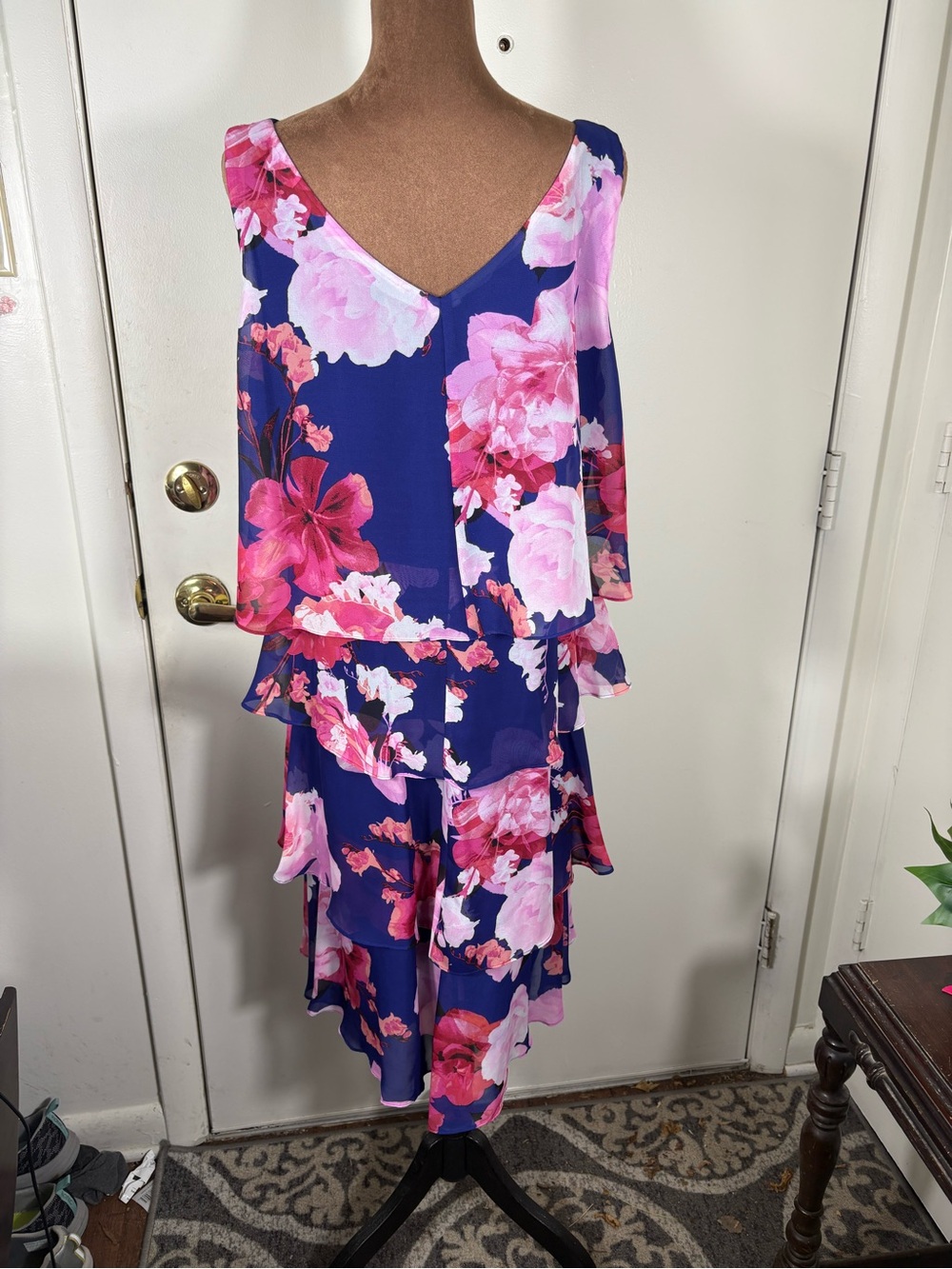 SLNY Women Vtg Sz 12 Floral Tiered V-Neck Ruffle Chiffon Cocktail Midi Dress - Picture 4 of 8